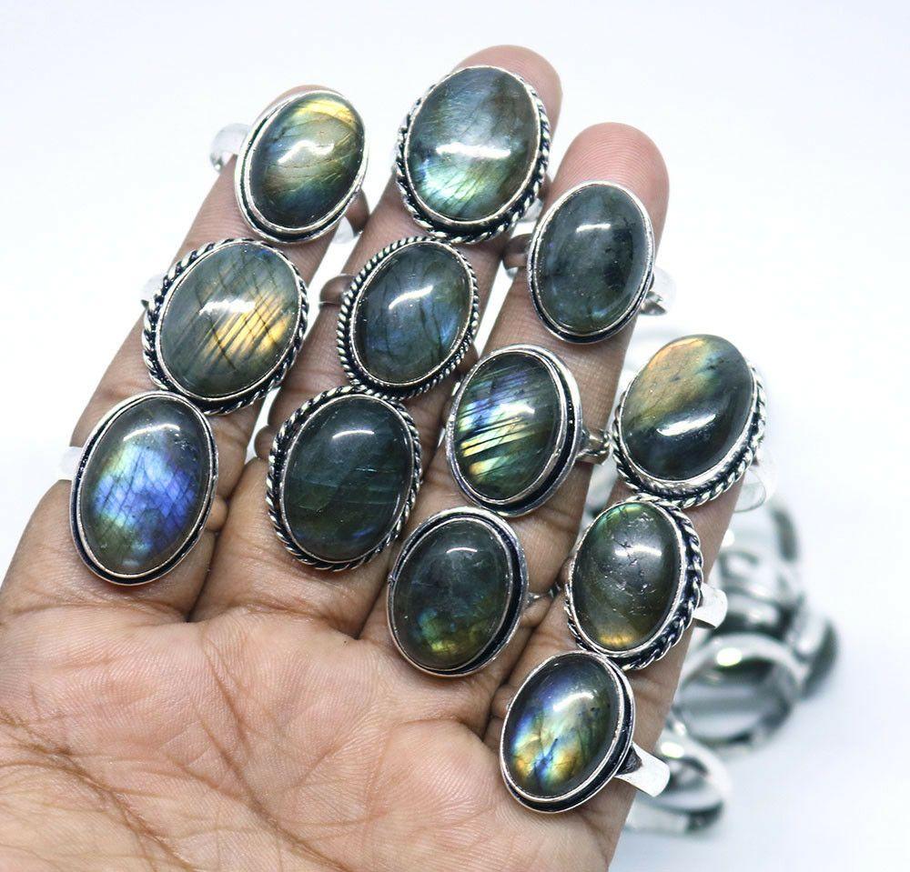 10Pcs Labradorite Gemstone 925 Sterling Silver Plated Wholesale Lot Rings JOR-R101
