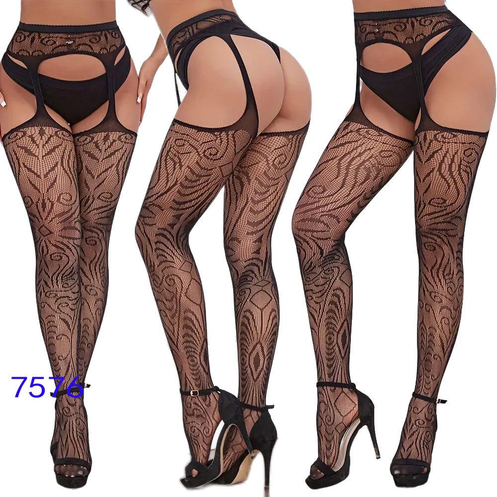 New style open crotch lace transparent suspender black silk sexy fishnet stockings non-slip one-piece suspender belt for women