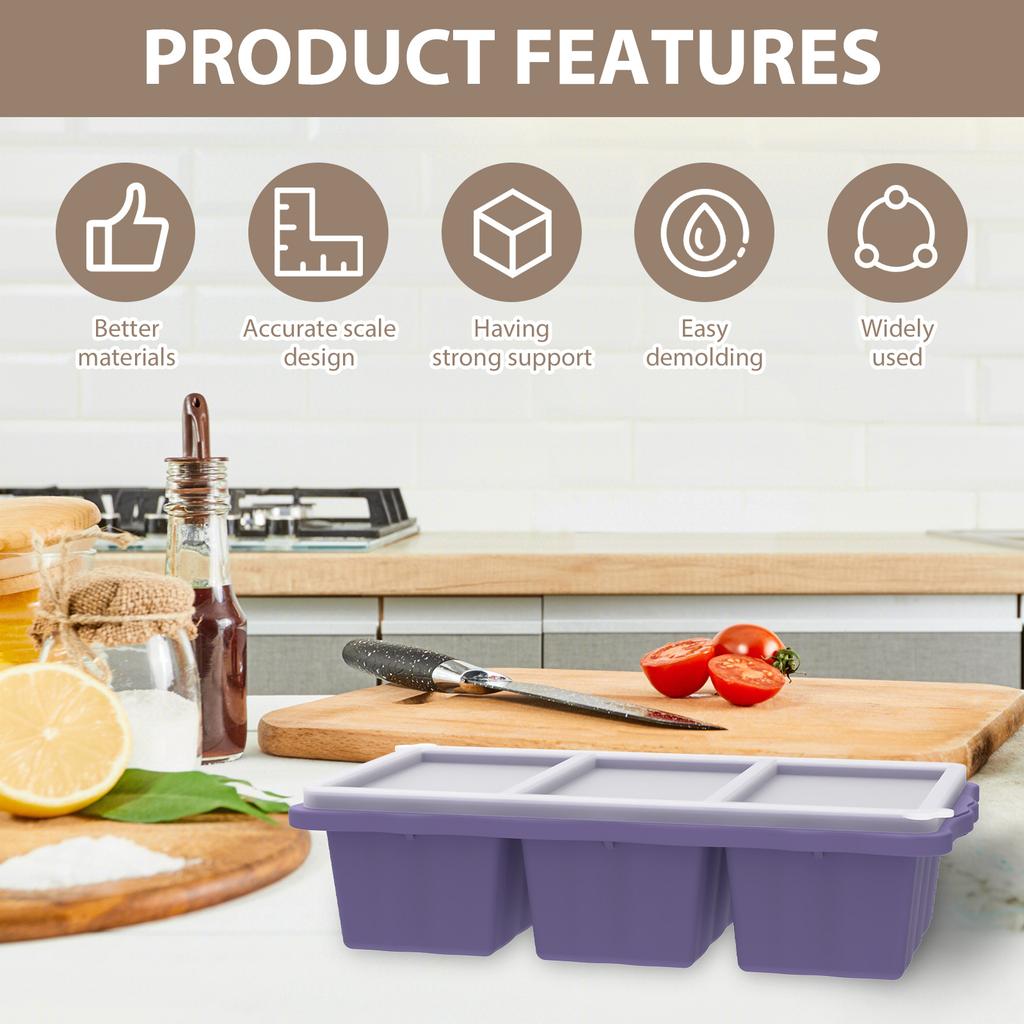 2Pcs 3 Grid Silicone Freezer Tray Food Freezer Container with Lid Soup Reusable Sauce Cube Mold Kitchen Accessories 1 Cup/250 Ml