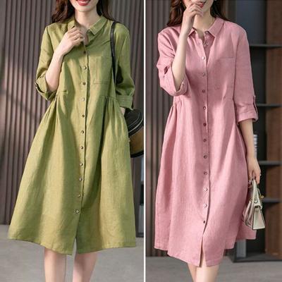 Women Shirt Dress Lapel 45720 Sleeve High Waist Midi Dress Solid