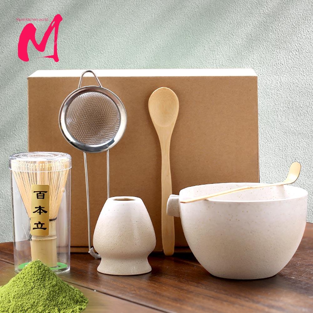 6PCS Japanese Matcha Set with Ceramic Bowl Bamboo Matcha Whisk Teaspoon Tea Sets with Strainer Tea Making Tools Accessories
