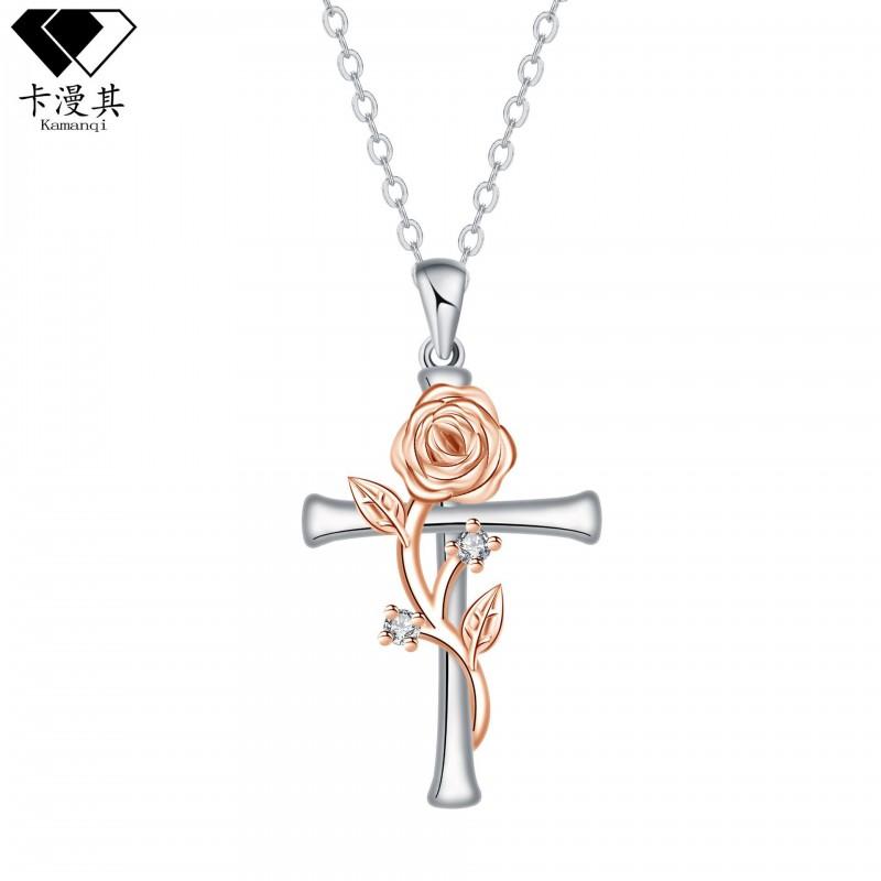 Elegant Rose Cross Pendant Necklace Women Lightweight Copper Jewelry With Gold Plating Daily Wear Fashion Accessory