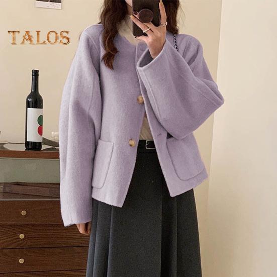 Fall Winter Women Jacket Crew Neck Single-breasted with Side Pockets Loose Short Type Woolen Jacket Shopping Commuting Daily Coat