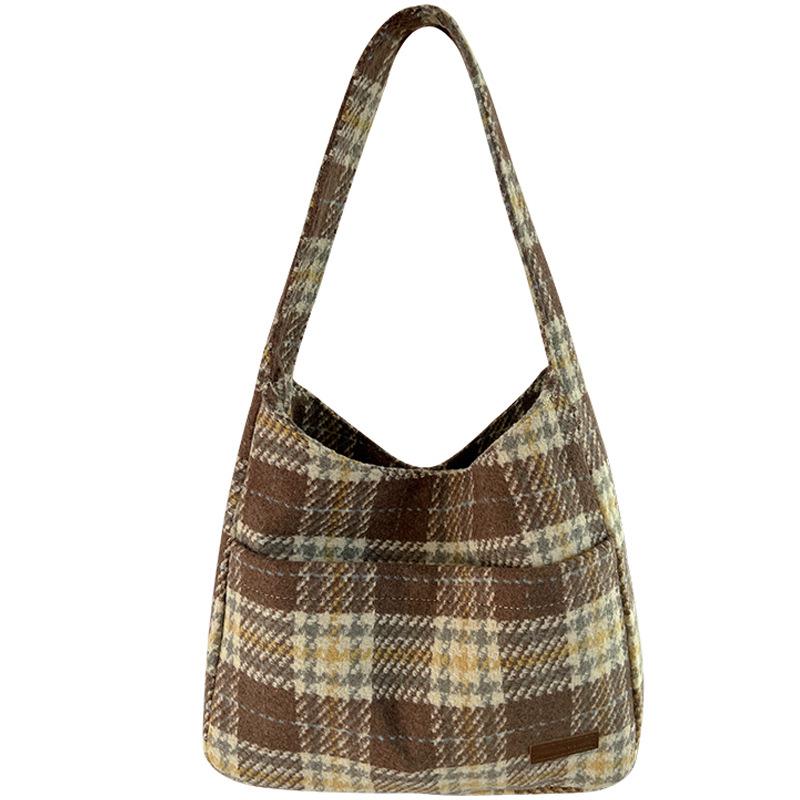 Big Capacity Bag Women's New Design Plaid Vintage Everything Student Class Ins Wind Single Shoulder Commuter Tote Bag