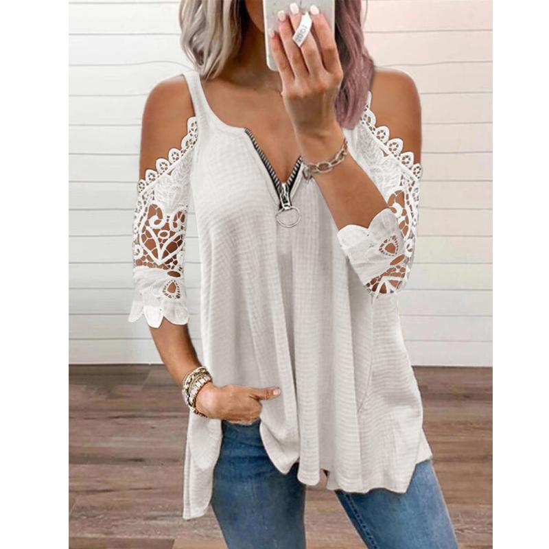 T-shirt da donna con maniche in pizzo, camicetta, top, taglie forti, t-shirt casual da donna con spalle scoperte