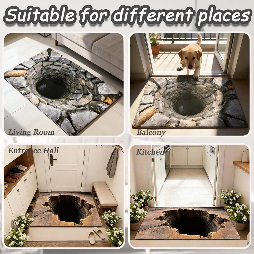 3D Optical Illusion Rug, Test & Play with Dog or Cat, Rug That Looks Like a Hole in The Ground, 3D Realistic Hole Rugs for Door Entrance, Bath, and