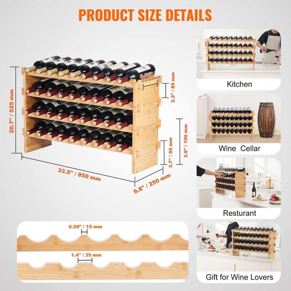 36 Bottle Stackable Modular Wine Rack Bamboo Wood Display Shelf 4-Tier