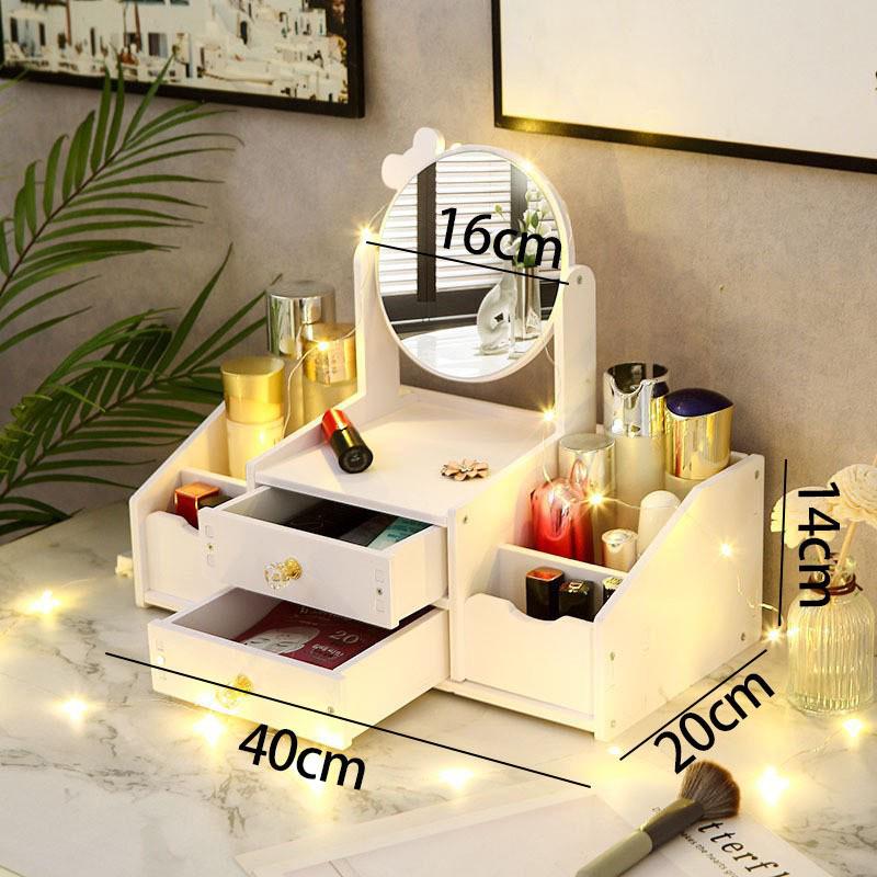 Zrcátko na make-up na stůl s velkou kapacitou a úložný box na kosmetiku se zásuvkami na rtěnky, šperky a péči o pleť