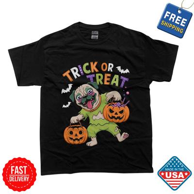 Tricou Halloween Câine Pug Trick Or Treat Horror Unisex Inspirat Tricouri Amuzante Halloween Tricou Unisex