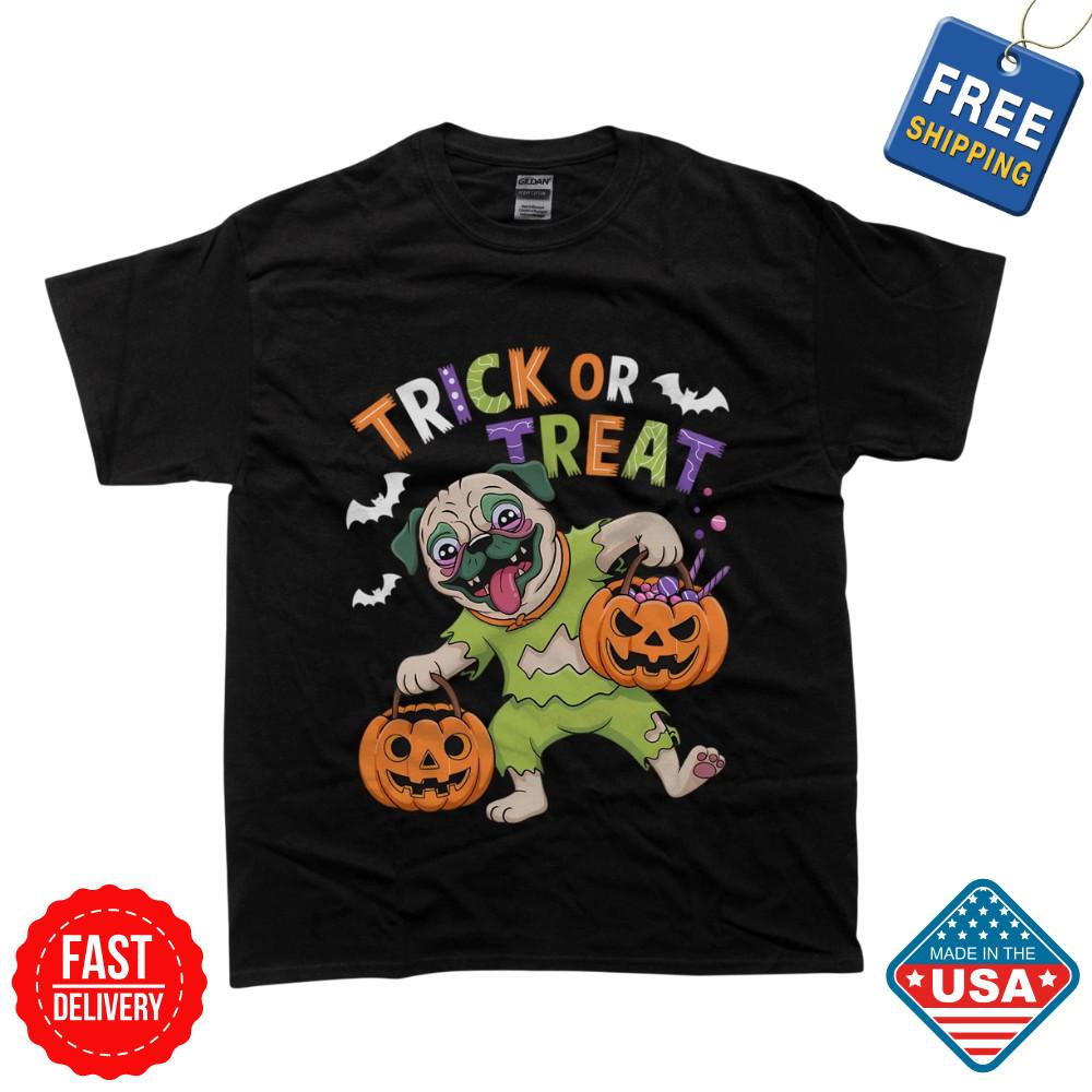Trick Or Treat Pug Horror Halloween T-Shirt Unisex Inspired Funny Halloween Tees Unisex T-Shirt M