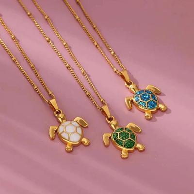 Colored Turtle Pendant Necklace for Women Summer Beach Female Charm Necklace Beads Chain Cute Stainless Steel Jewelry Collar
