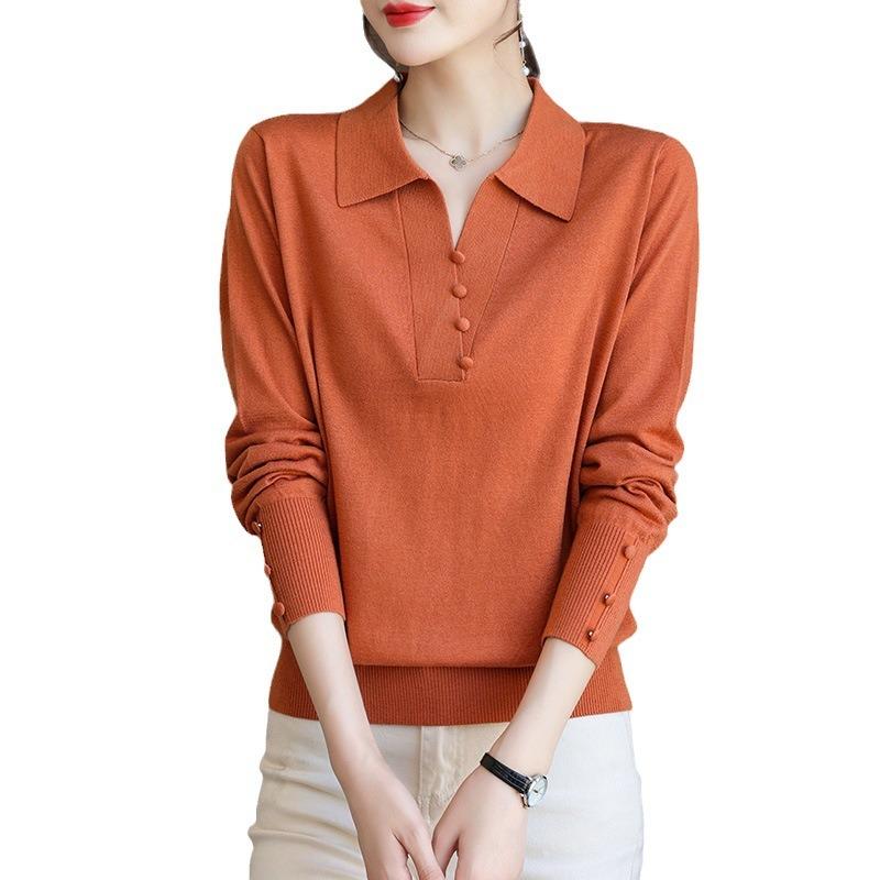 Lapel Knitted Bottoming Shirt Spring and Autumn Long-sleeved Top Mother Autumn Clothes New Women's Clothing Early Autumn Thin Sweater