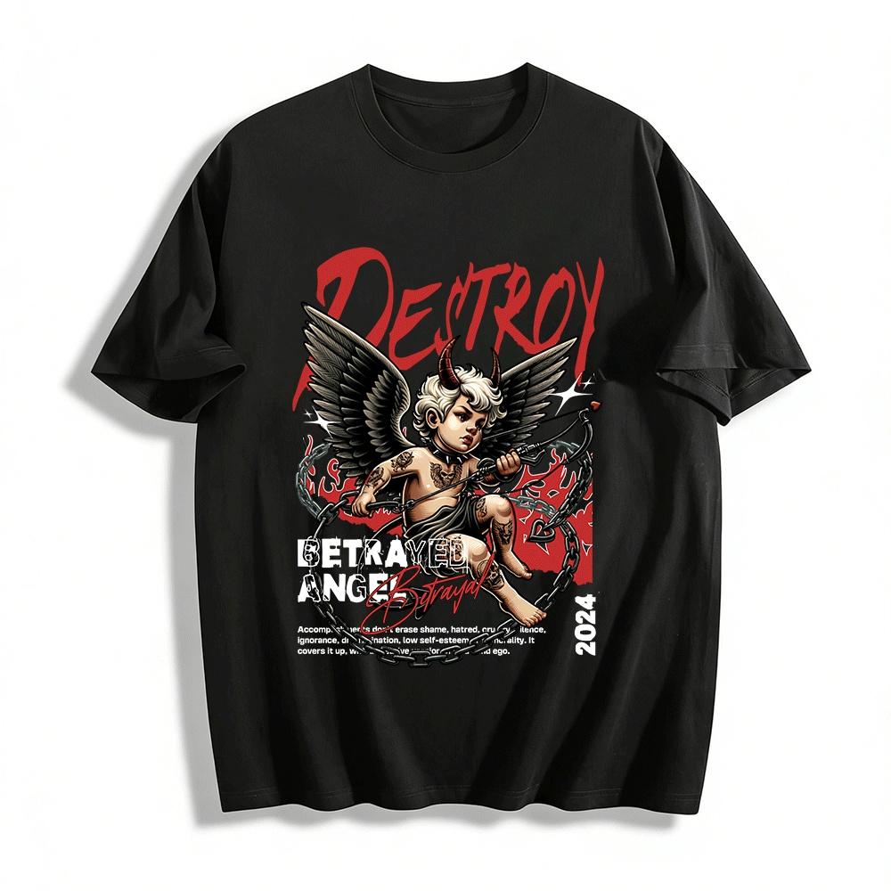 

Dark Rebel Demon Cupid Print T-shirt Destroy Themed Streetwear Top Pure cotton T-shirt XXS
