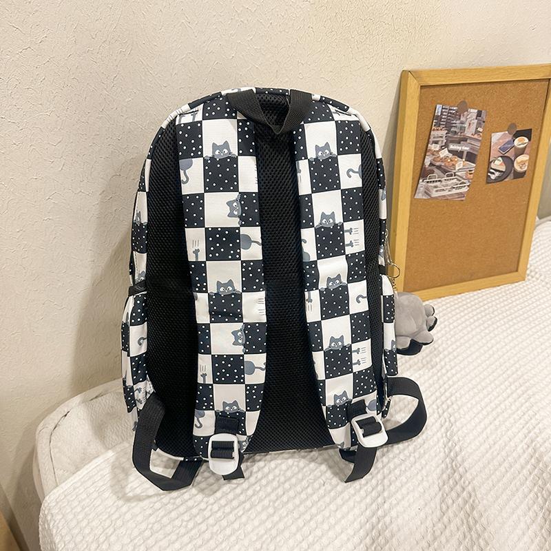 Plaid Cat Print Nylon Schoolbag Large Capacity Backpack High School Student Backpack