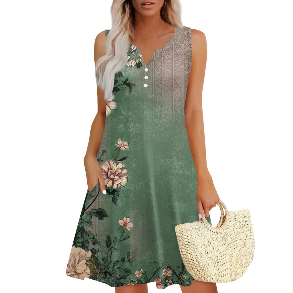 Dámské ležérní vintage květinové šaty bez rukávů s výstřihem do V, knoflíky a bočními kapsami