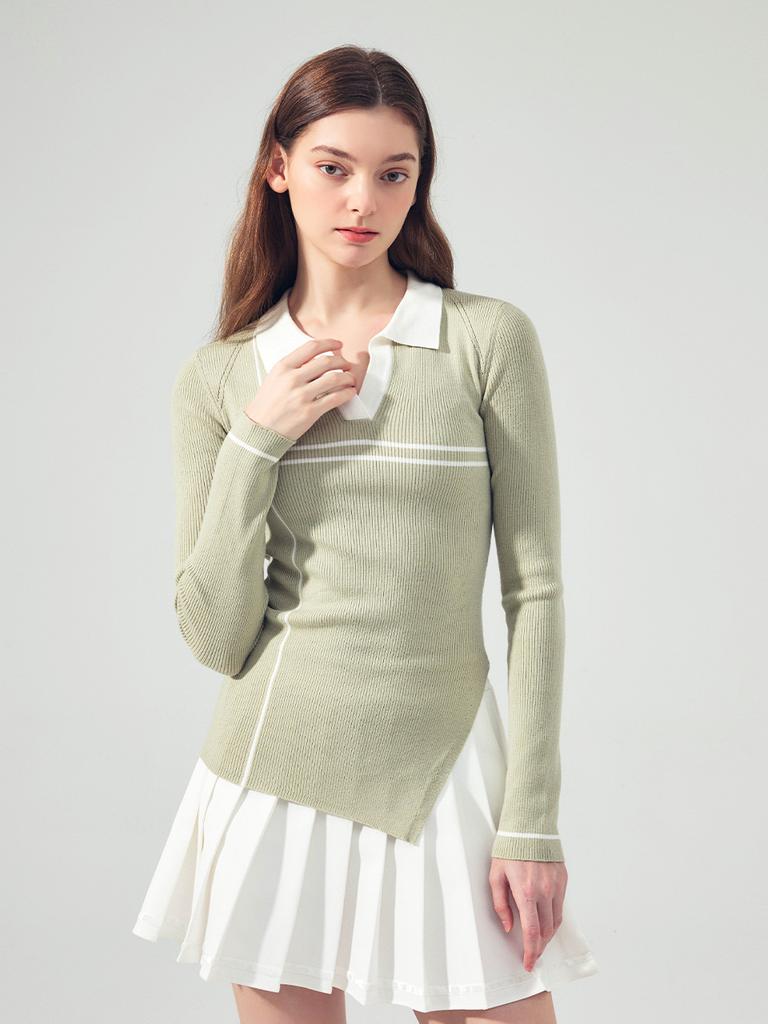 LORDLOAR Diagonal Slit Ribbed Collar Knit L/Khaki
