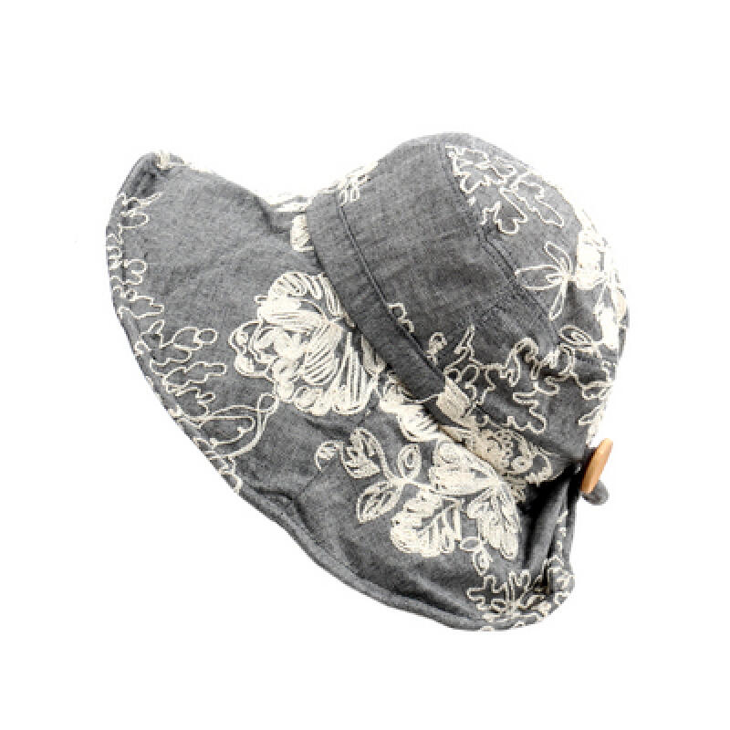 

Bucket hat - Wood button flower embroidery hat H409 Beige/Free Size