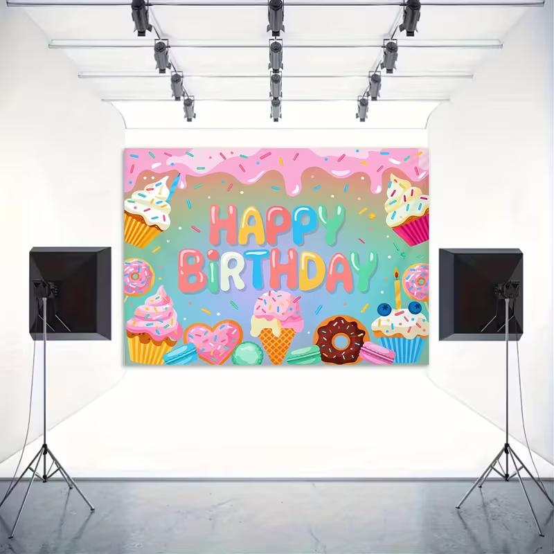 2D Dessert Themed Birthday Backdrop with Cupcakes, Donuts and Ice Cream Party Banner