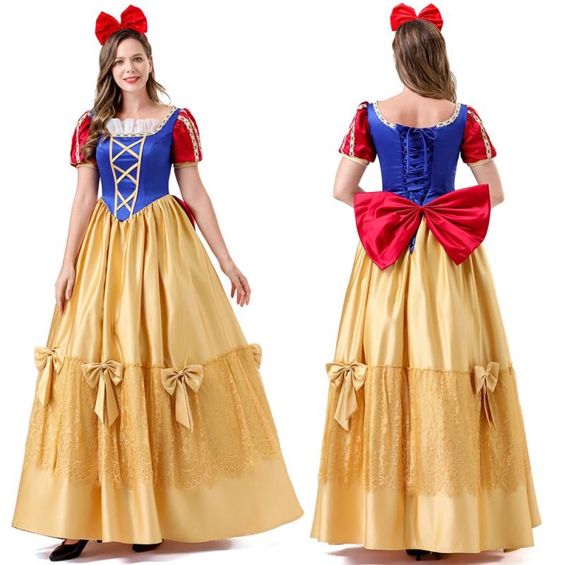 Halloween Snow White Cosplay Dress With Headband Back Bow Adult Women Costume Party Stage Performance