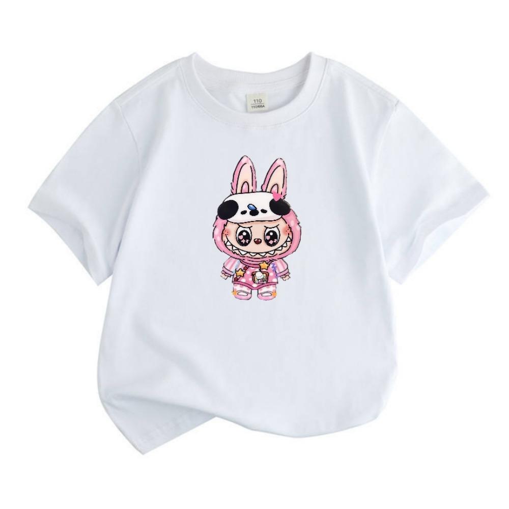 2025 Popular Children's Clothing Short Sleeved LABUBU Wearing Pajamas Pattern Round Neck T-shirt Cartoon Style Girl's Top