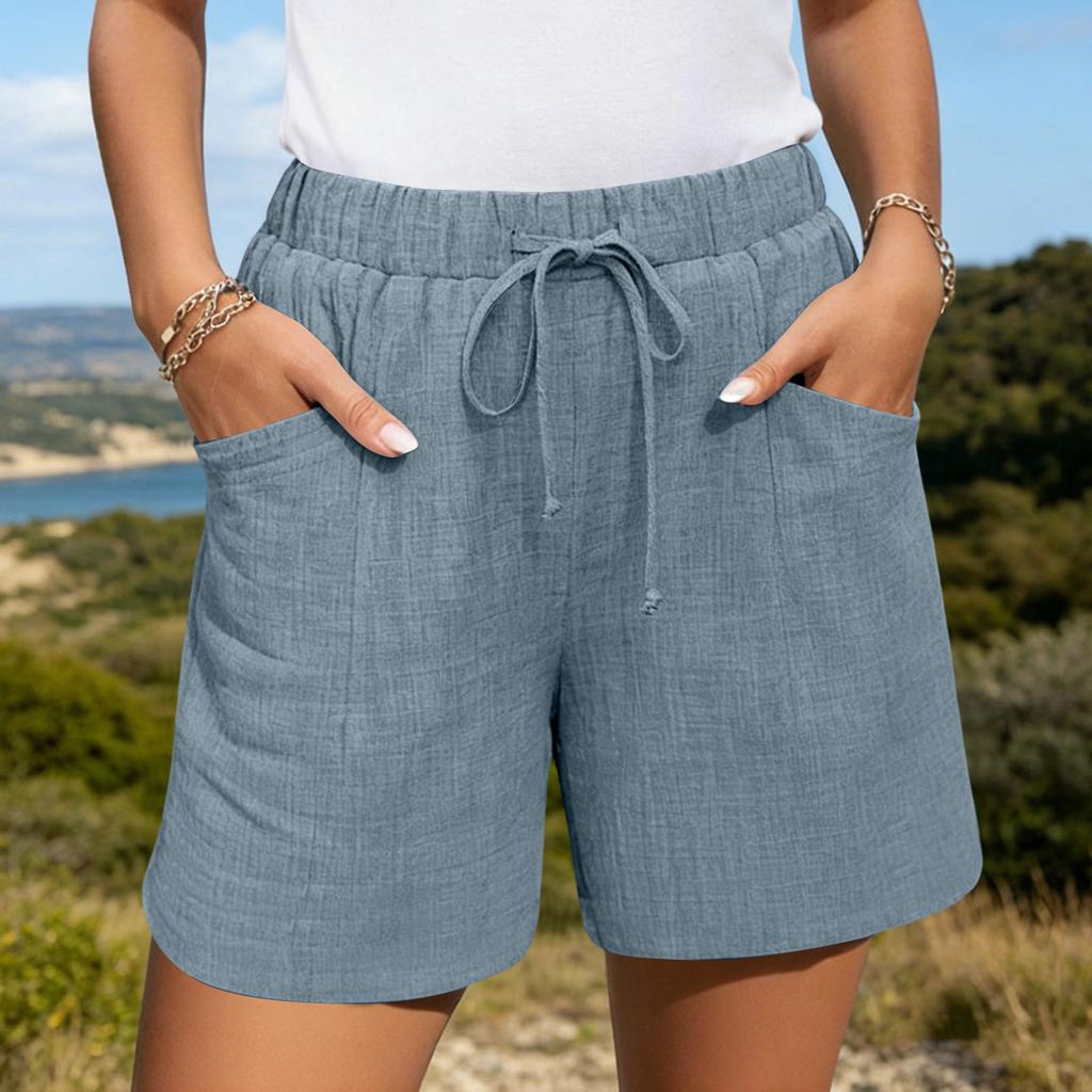 Women's Casual Linen Shorts Elastic Waisted Drawstring Summer Shorts With Pockets