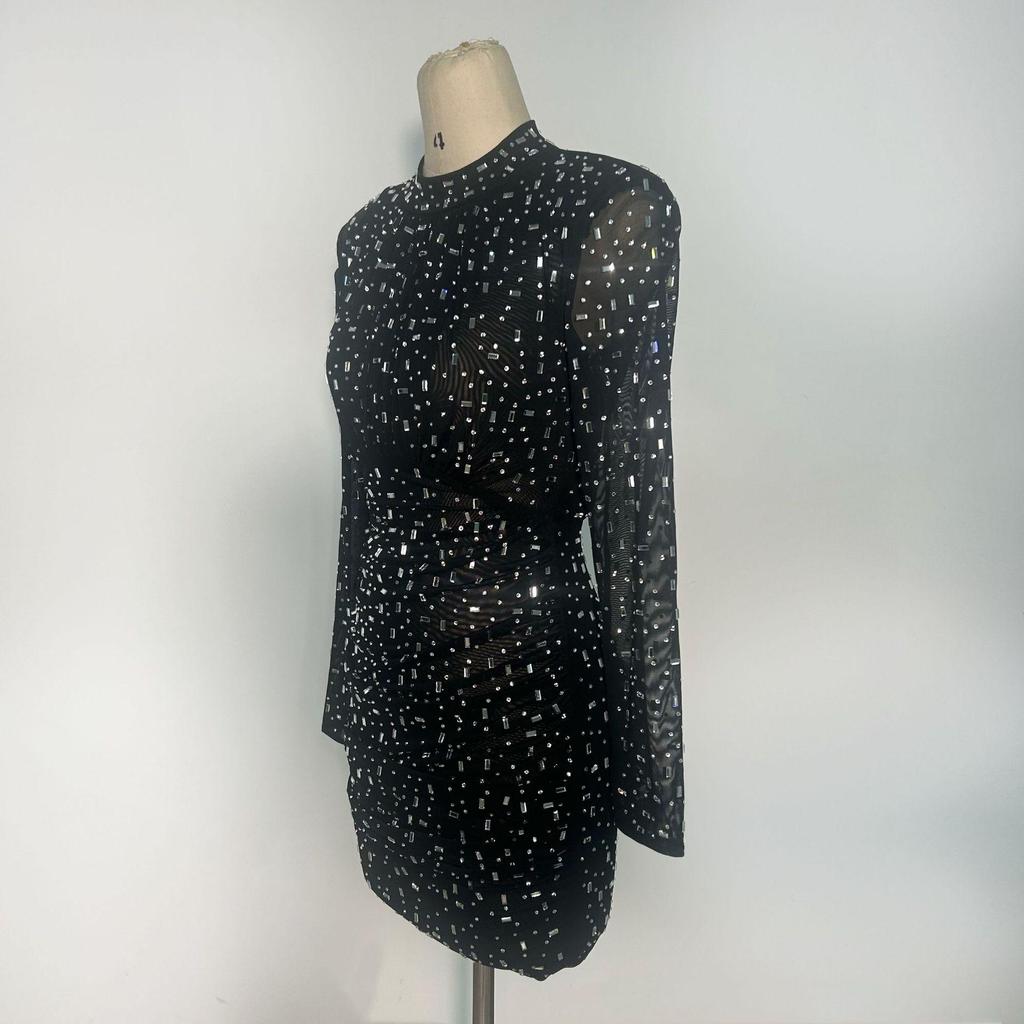Women's Luxury Mesh Round Neck Long Sleeve Bodycon Dress