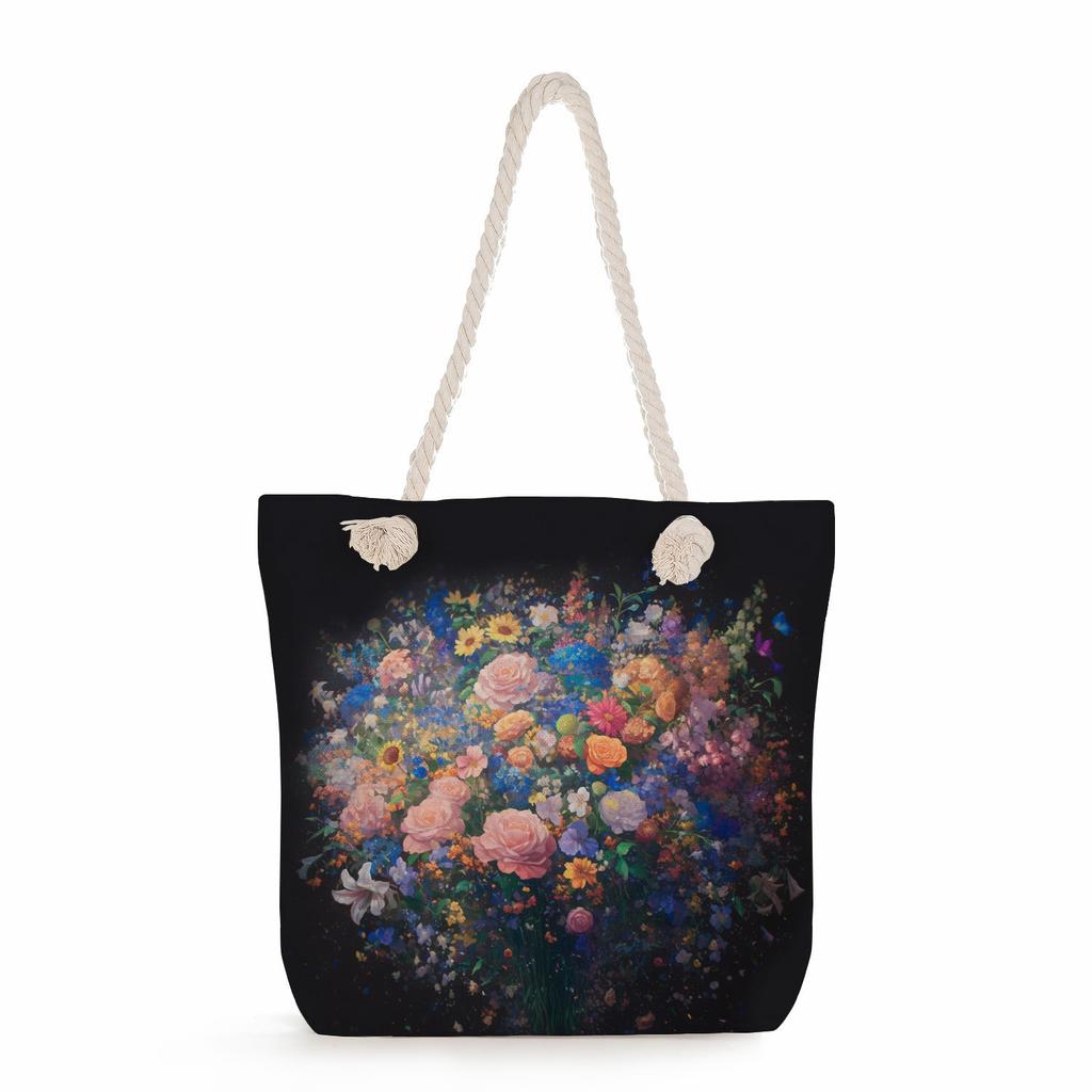 Multifunctional Oil painting flowers Printed Thick Rope Shoulder Beach Bag Casual large capacity handbag 0245