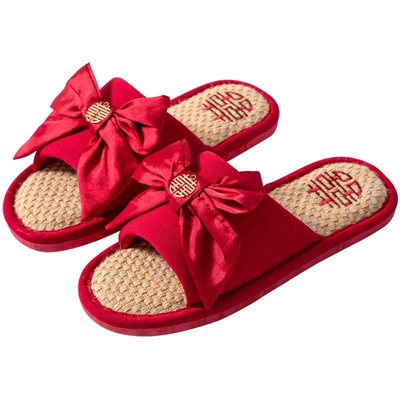 Wedding slippers festive bow big red pair of four seasons linen couple newlywed bride dowry slippers