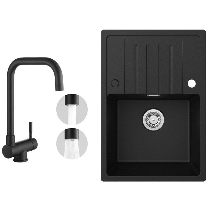 Évier de cuisine en granit - Noir anthracite - 65x45cm - Mitigeur pliant - 1 bac - Réversible