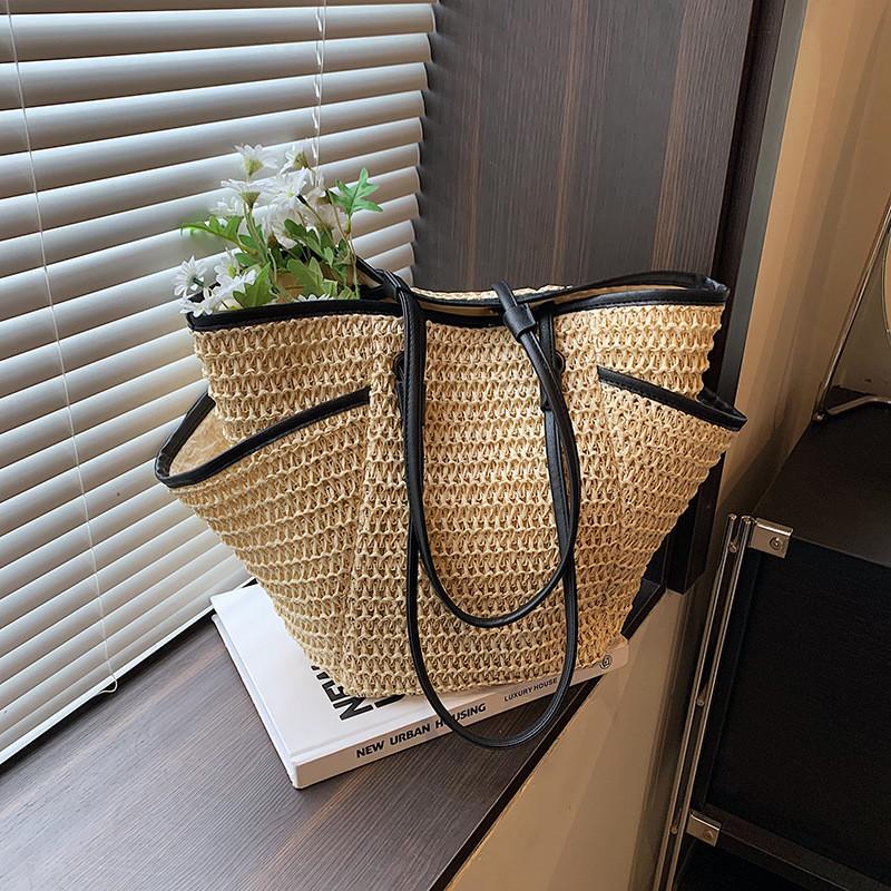 Borsa Tote Intrecciata Grande Capacità Estiva per Donna con Chiusura a Zip per Vacanze al Mare e Uso Quotidiano