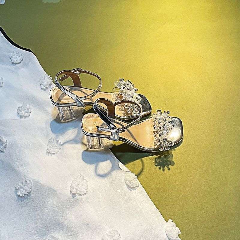 2025 Super Fire Sandals Fashion Rhinestone Word with Silver Thick Heel Square Head Crystal High Heels Women's Summer Skirt