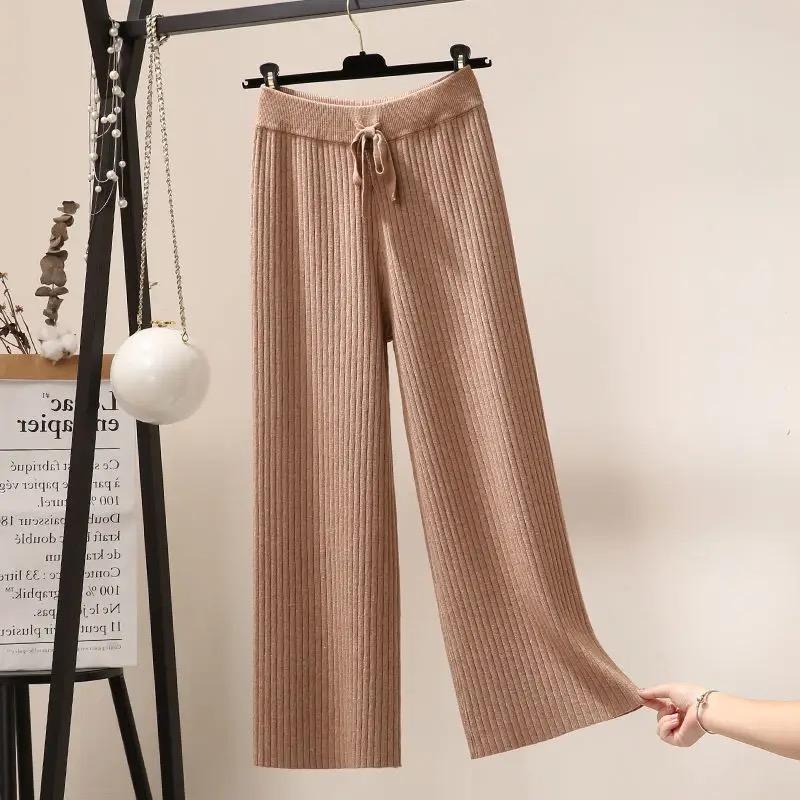 Drape High Waist Wide Leg Pants for Women Autumn Winter Casual Loose Knit Straight Leg Pants Lace-up Women Solid Trousers