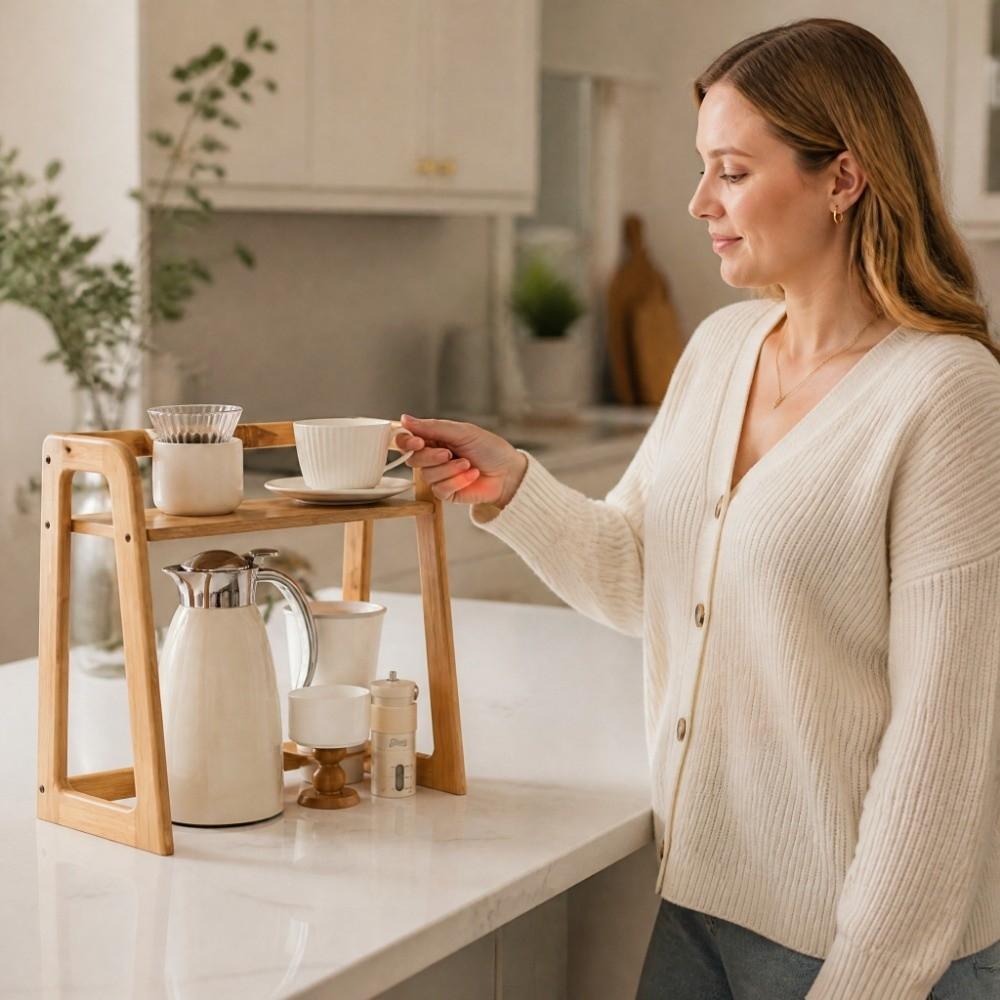 Modern Bamboo Double Layer Cup Holder Large Capacity Space Saving Tea Set Storage Rack Stable Kitchen Shelf for Kitchen