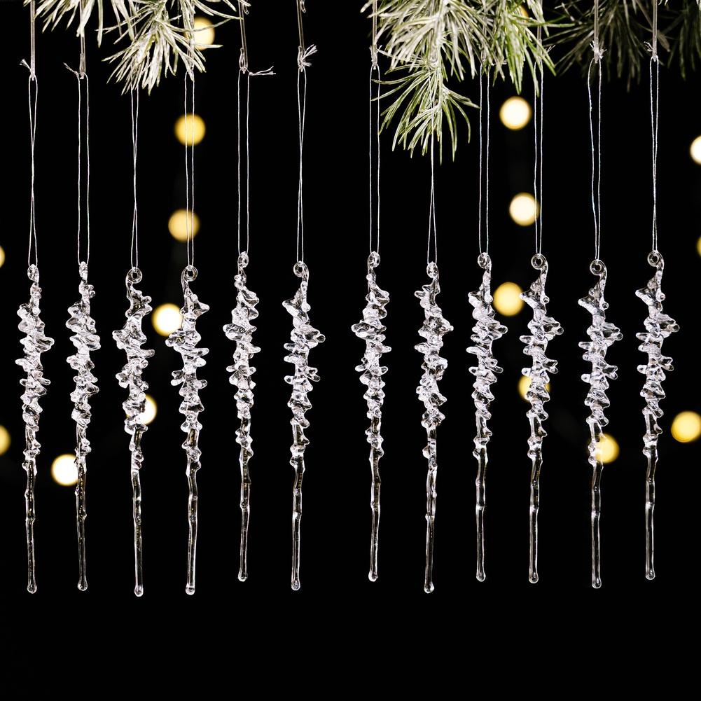 12pcs Acrylic Icicle Christmas Tree Hanging Ornaments Set For Festive Holiday Seasonal Decoration, Pink Blue Transparent