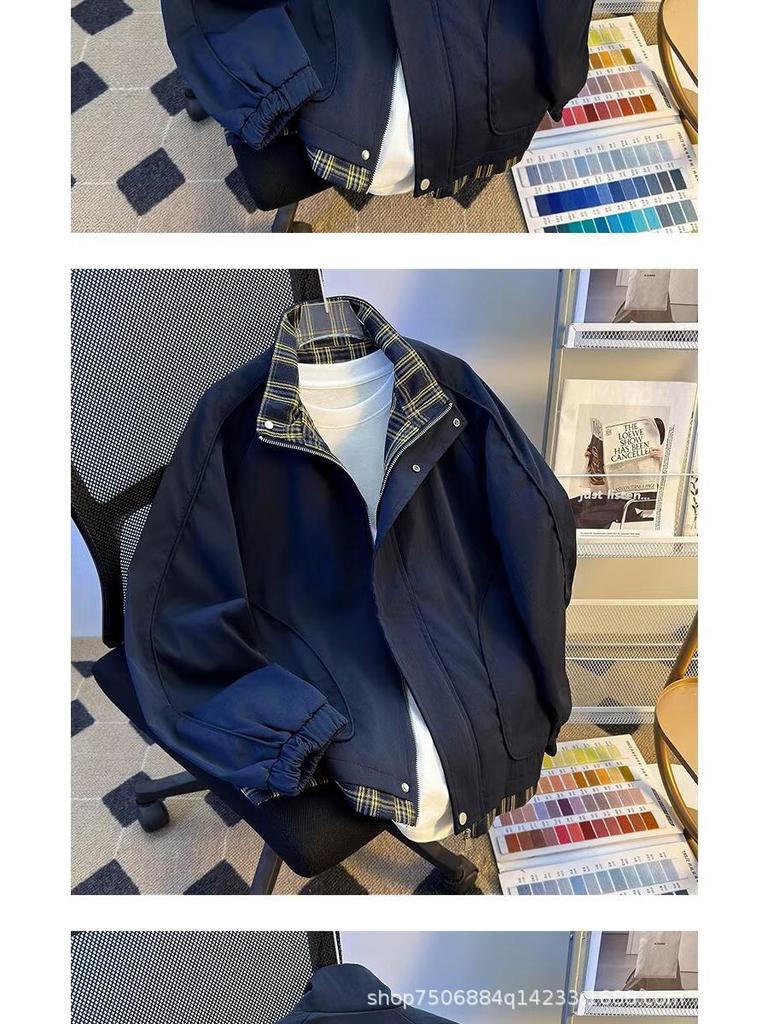 Men's 2025 Spring/Autumn Plaid Two-Piece Color Block Stand Collar Jacket - College Style Versatile Outerwear
