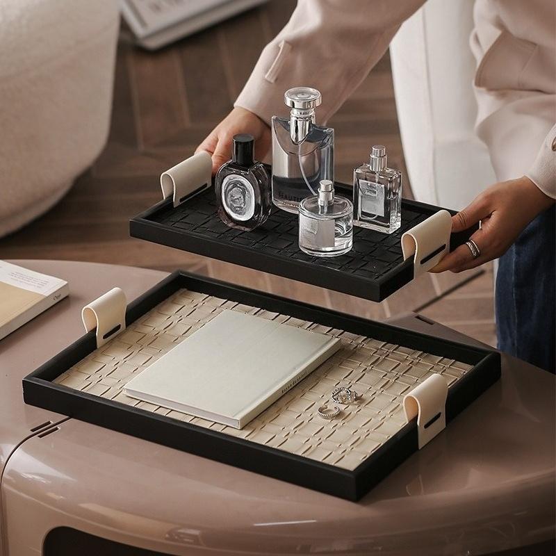 Handmade Leather Wooden Tray Light Luxury Jewelry Storage Desktop Ornament Model Room Home Ornament