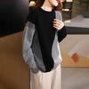 Women's 100% Pure Wool Color Block Round Neck Sweater - Loose, Stylish, Versatile Pullover, Slimming Cashmere Knit Base Layer