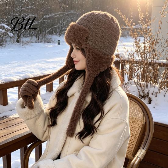 Winter Outing Accessories Women Trapper Hat, Wool Blend Knitted Hat with Ear Flaps, Fuzzy Trim, Warm Knit for Cold Weather Hiking Skiing Outdoor Caps