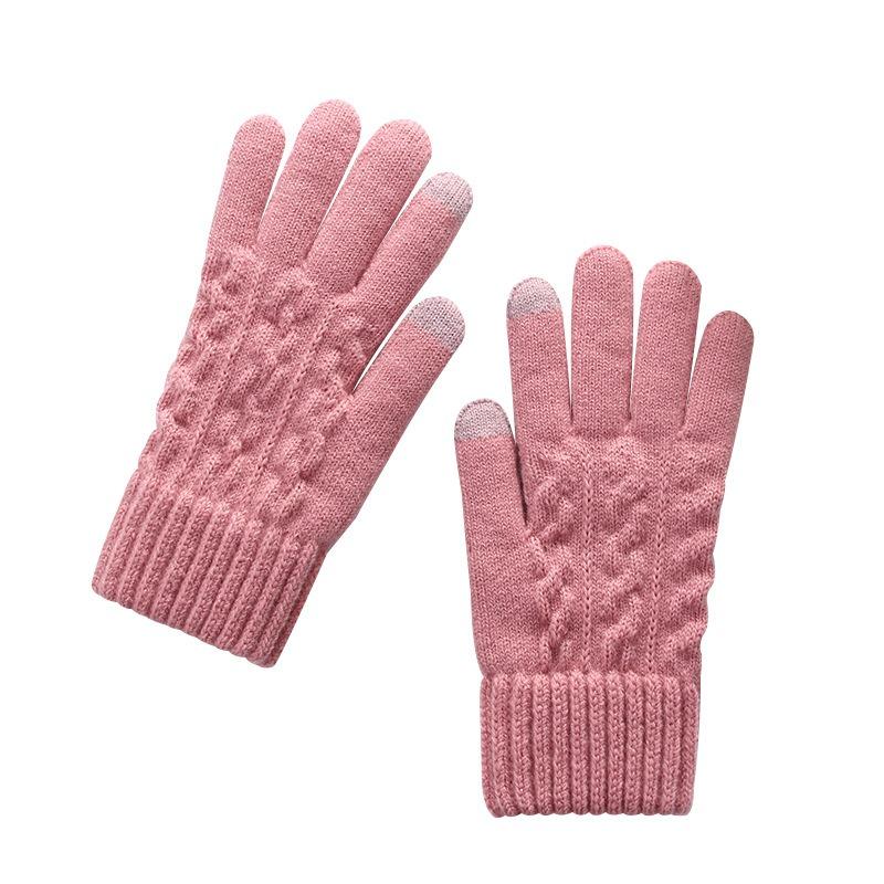 Ladies cute autumn and winter knitted cold-proof and warm plush five-finger cycling bike student wool gloves