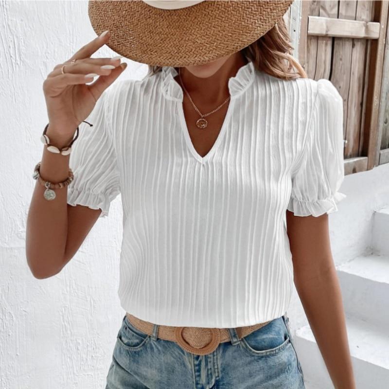 

2023 летняя белая рубашка с коротким рукавом, женская винтажная однотонная свободная рубашка с v-образным вырезом, повседневная элегантная кружевная блузка, модная одежда 28006 S белый