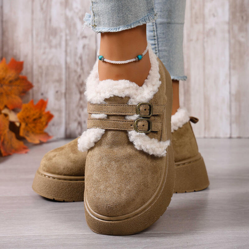 Modne buty casualowe z okrągłym noskiem, na grubej podeszwie, futrzane, damskie, 2025, zimowe, ciepłe, pluszowe śniegowce na platformie, z metalową klamrą, zamszowe botki do kostki