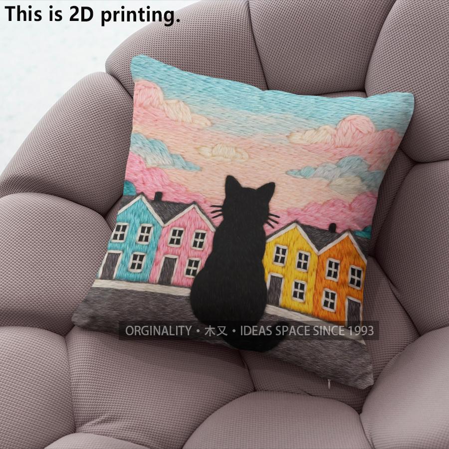 Black Cat Town Scene Throw Pillow Covers Pattern Cushion Cover Suitable For Sofa Bedroom Car Pillow Cover