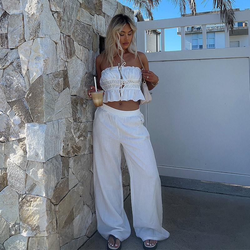 Elegant Solid Color Cotton Linen Two Pieces Set High Street Women Sexy Crop Top+Wide Leg Pants Suit Female 2 Piece Trousers Sets