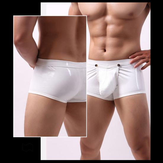 Men Sexy Boxers Smooth Faux Leather Button Closure U Convex Low Waist Elastic Soft Breathable Party Nightclub Underpants Male Underwear