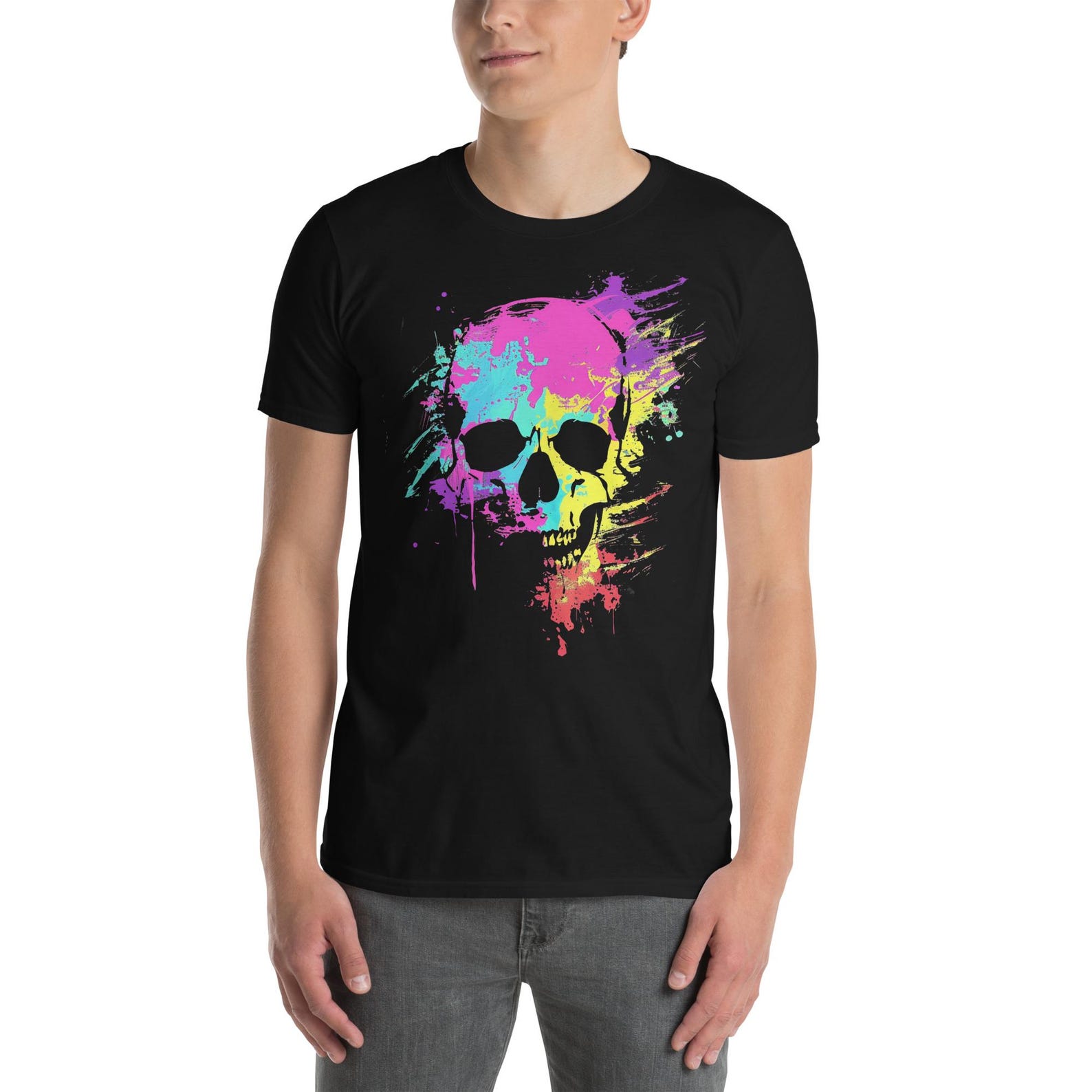 Abstract Skull T-Shirt: Unisex Colorful Paint Splatter Graphic Tee L
