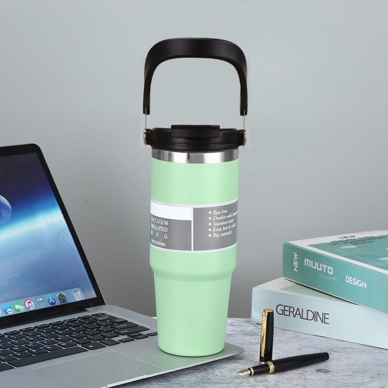 30oz Stainless Steel Travel Mug With Handle Straw Lid Vacuum Insulated Water Bottle Car Office Gym