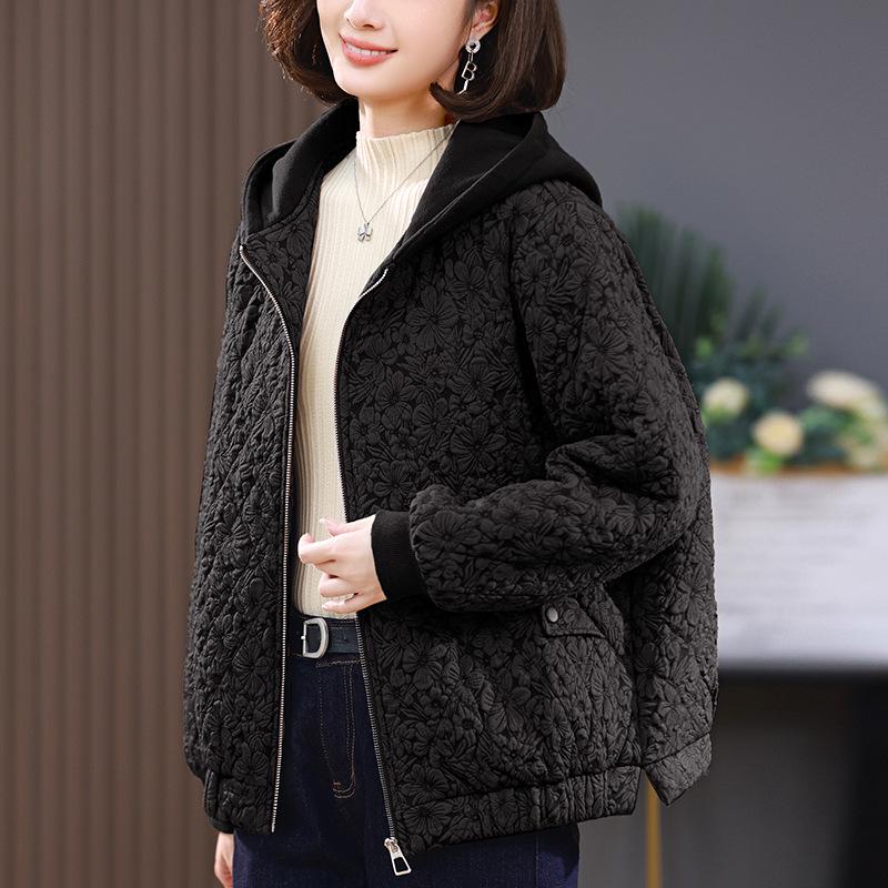 

Модная легкая стеганая хлопковая куртка для женщин 2024 - Короткая, свободного кроя, жаккардовый дизайн, идеально подходит для женщин среднего и пожилого возраста осенью и зимой XXL (recommended 145-160 jin) чёрный