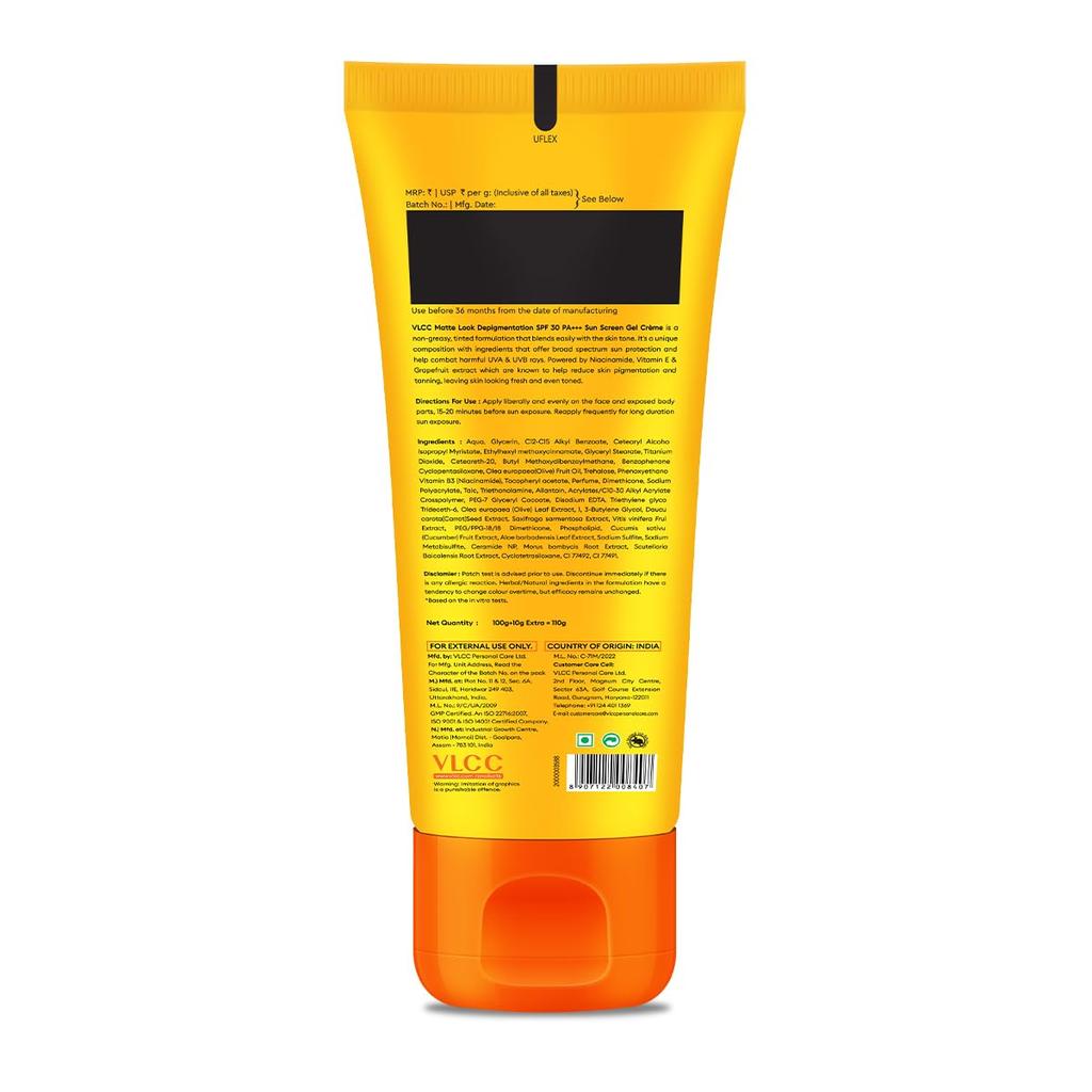 VLCC Bright Glow Matte SPF 30 PA++ Sunscreen Gel Crème 100g + 10g Extra Non-Greasy Tinted Matte