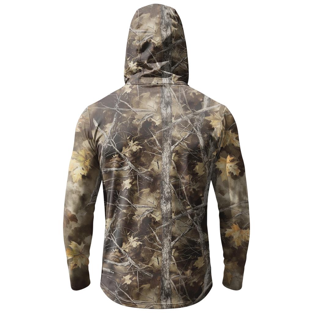 Men's Casual Leaf Camouflage Print Hooded Long Sleeve Sun Protection Shirt Lightweight Breathable Outdoor Top with Zipper Pocket