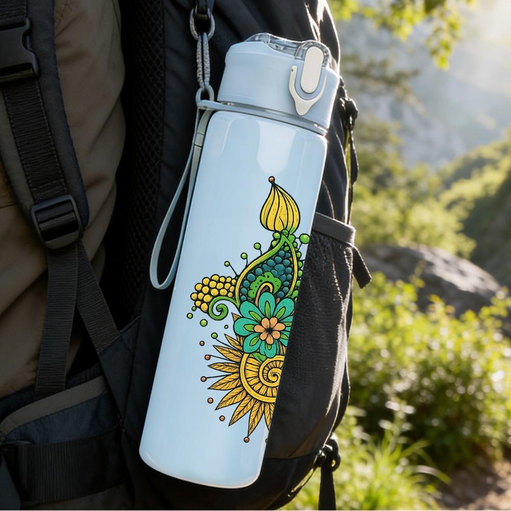 1PC Peacock Floral Mandala Print 750ml Color Plastic Sports Water Bottle Leakproof Flip Straw Lid Suitable for Sports Office Home Use